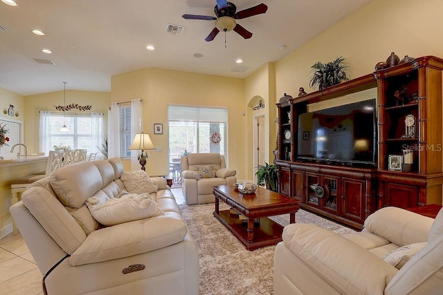 2542 Cortenova Ct, Venice, FL 34292 - living area with ceiling fan, recessed lighting, light tile patterned flooring, and a healthy amount of sunlight
