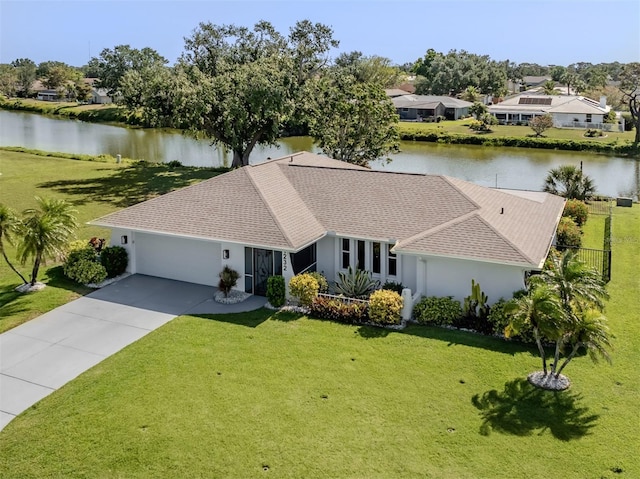 1232 Pine Needle Rd, Venice, FL 34285 - view of front of home featuring a water view, a front yard, a garage, and concrete driveway