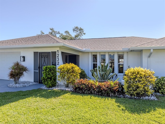1232 Pine Needle Rd, Venice, FL 34285 - exterior space featuring roof with shingles, a garage, stucco siding, and a front lawn