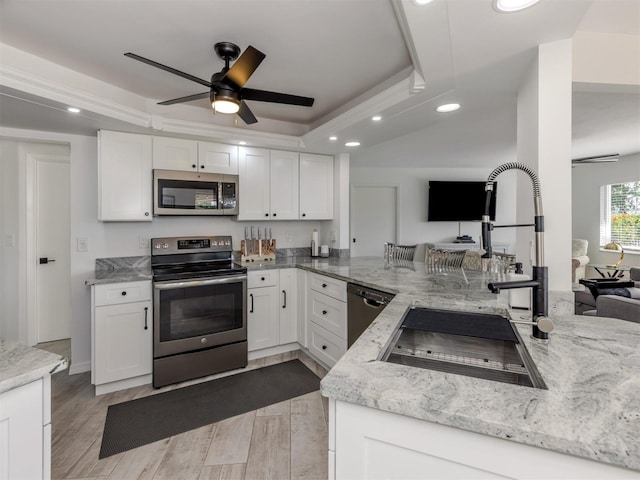 1232 Pine Needle Rd, Venice, FL 34285 - kitchen featuring recessed lighting, light stone countertops, a raised ceiling, stainless steel appliances, and a sink