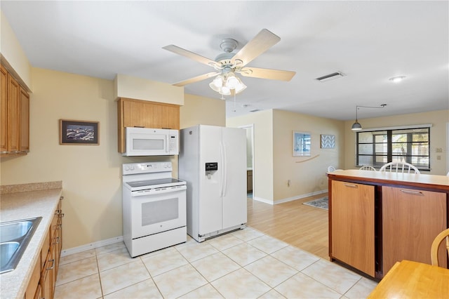 kitchen with ceiling fan, light countertops, white appliances, and visible vents