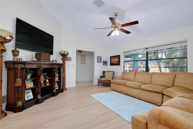 990 Sea Fox Rd, Venice, FL 34293 - living area featuring ceiling fan, visible vents, wood finished floors, lofted ceiling, and baseboards