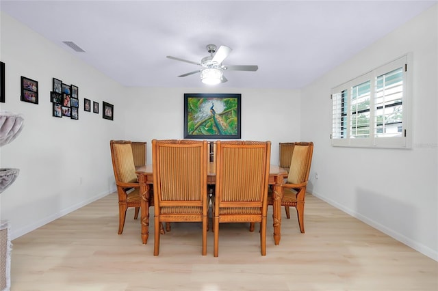 990 Sea Fox Rd, Venice, FL 34293 - dining space featuring visible vents, baseboards, a ceiling fan, and light wood-style floors