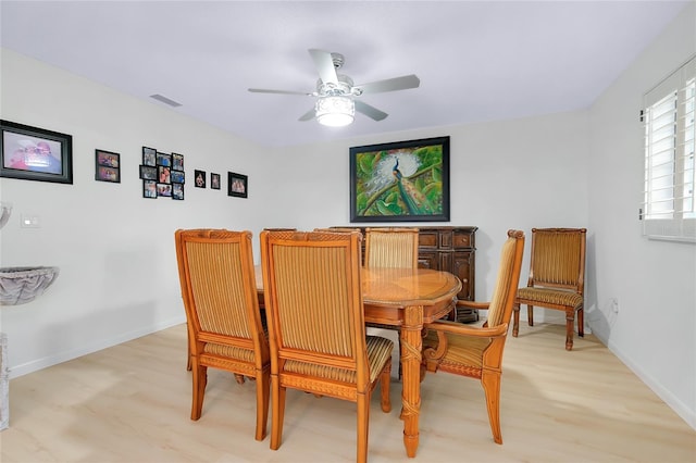 990 Sea Fox Rd, Venice, FL 34293 - dining room featuring light wood finished floors, visible vents, baseboards, and ceiling fan