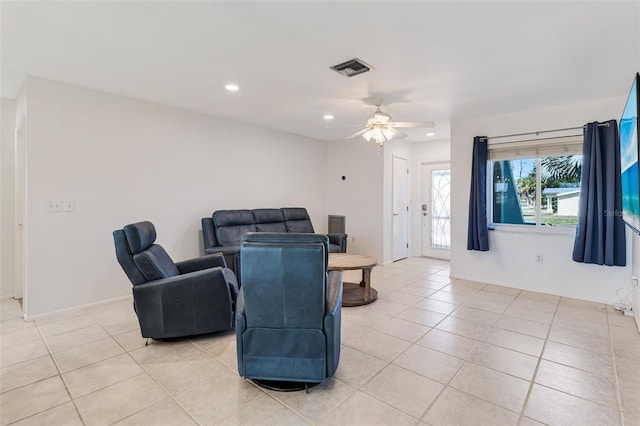 living area with recessed lighting, visible vents, a ceiling fan, and light tile patterned flooring