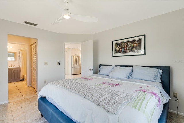 bedroom with ceiling fan, freestanding refrigerator, a closet, ensuite bath, and visible vents
