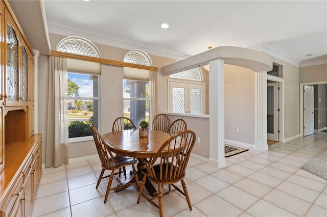 201 Bayside Ct, Nokomis, FL 34275 - dining space featuring recessed lighting, baseboards, crown molding, and light tile patterned floors