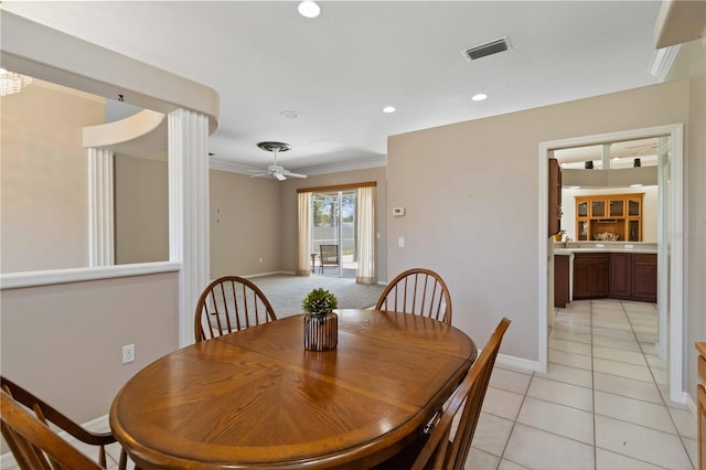 201 Bayside Ct, Nokomis, FL 34275 - dining space with baseboards, visible vents, recessed lighting, ceiling fan, and light tile patterned floors