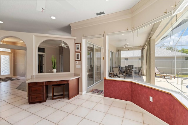 201 Bayside Ct, Nokomis, FL 34275 - bathroom featuring visible vents, ornamental molding, baseboards, and ceiling fan