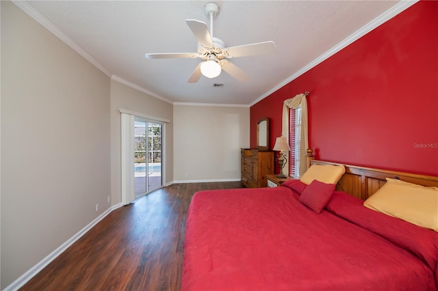 bedroom featuring a ceiling fan, access to exterior, wood finished floors, baseboards, and ornamental molding
