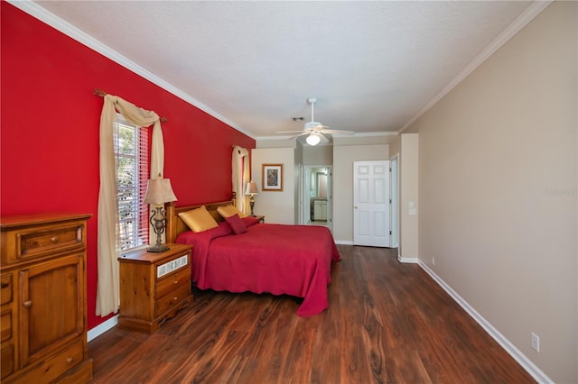 bedroom featuring ceiling fan, baseboards, ornamental molding, and wood finished floors
