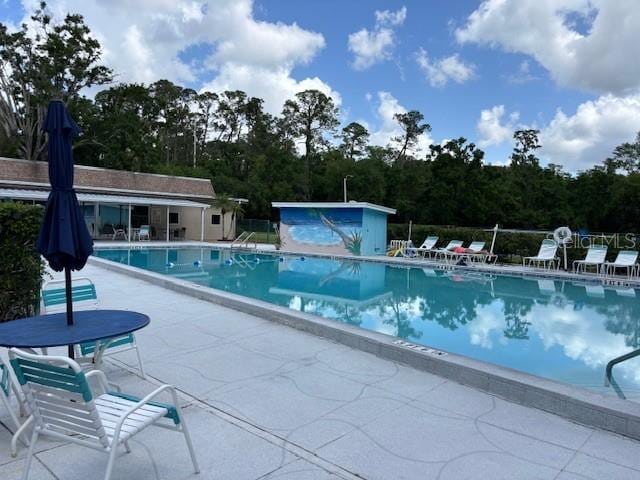 810 Anchorage Ln, Palm Harbor, FL 34685 - community pool featuring a patio area and view of wooded area