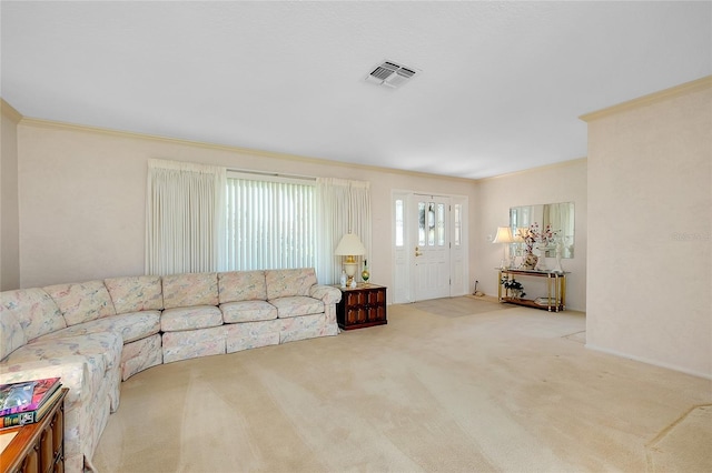 810 Anchorage Ln, Palm Harbor, FL 34685 - carpeted living room featuring crown molding