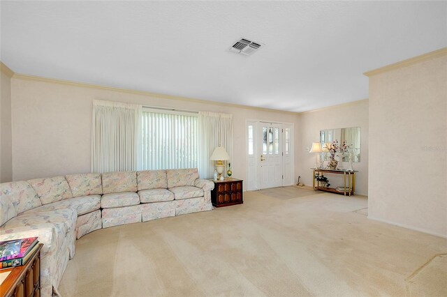 810 Anchorage Ln, Palm Harbor, FL 34685 - carpeted living area featuring crown molding
