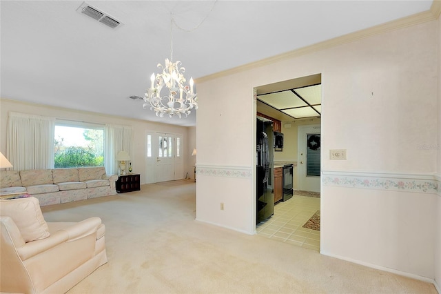 810 Anchorage Ln, Palm Harbor, FL 34685 - living room featuring a chandelier, light colored carpet, baseboards, and ornamental molding