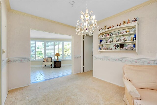 810 Anchorage Ln, Palm Harbor, FL 34685 - sitting room featuring a chandelier, crown molding, carpet flooring, and tile patterned flooring