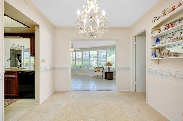 810 Anchorage Ln, Palm Harbor, FL 34685 - hall with a sink, light colored carpet, ornamental molding, a chandelier, and light tile patterned floors
