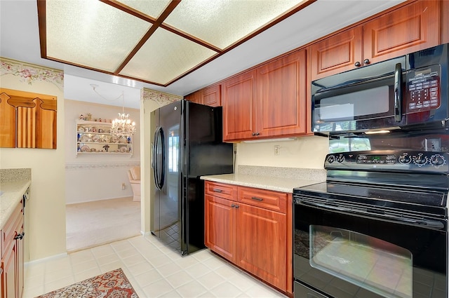 810 Anchorage Ln, Palm Harbor, FL 34685 - kitchen with black appliances, a chandelier, light colored carpet, and brown cabinets