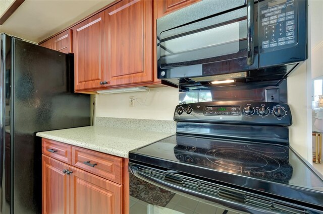 810 Anchorage Ln, Palm Harbor, FL 34685 - kitchen with black appliances, brown cabinets, and light stone countertops