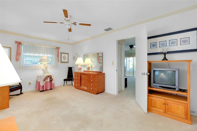 810 Anchorage Ln, Palm Harbor, FL 34685 - carpeted bedroom with crown molding and a ceiling fan