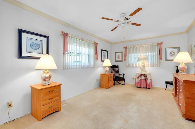 810 Anchorage Ln, Palm Harbor, FL 34685 - living area featuring a ceiling fan, crown molding, and light colored carpet