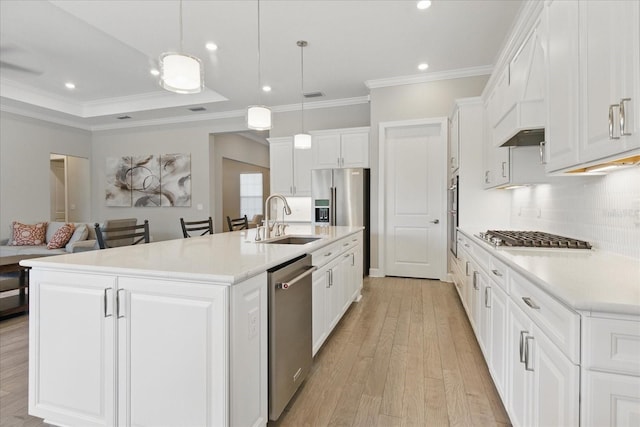 kitchen with light wood-style floors, white cabinets, appliances with stainless steel finishes, light countertops, and a sink