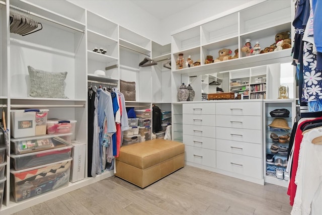 walk in closet with light wood-style floors
