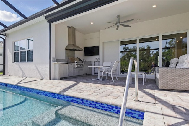 view of pool featuring a grill, a patio area, a ceiling fan, area for grilling, and a lanai