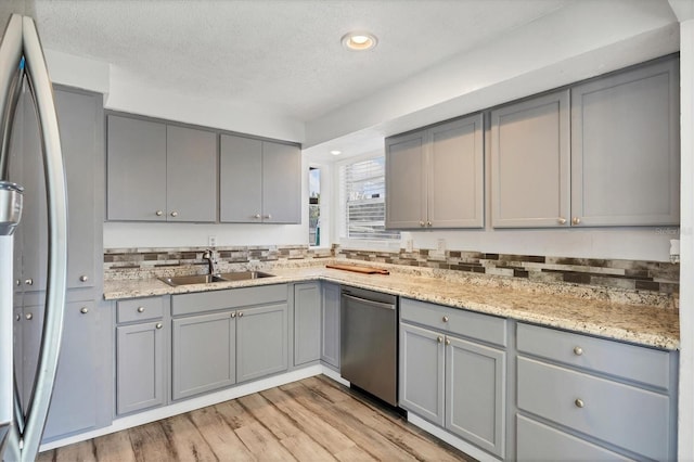 5755 Oxalis Rd, Venice, FL 34293 - kitchen with a sink, light wood-style floors, gray cabinets, appliances with stainless steel finishes, and recessed lighting