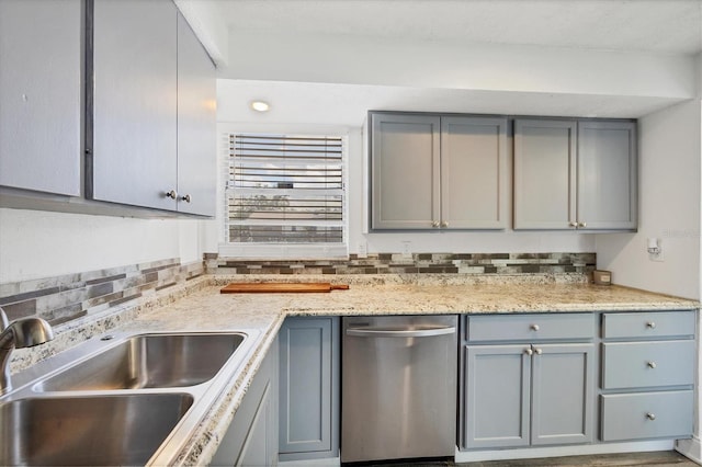 5755 Oxalis Rd, Venice, FL 34293 - kitchen with decorative backsplash, stainless steel dishwasher, gray cabinetry, and a sink