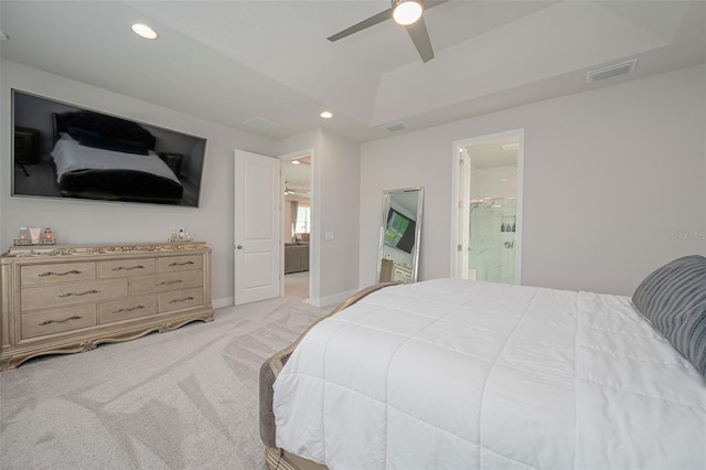 bedroom featuring recessed lighting, visible vents, light colored carpet, and baseboards