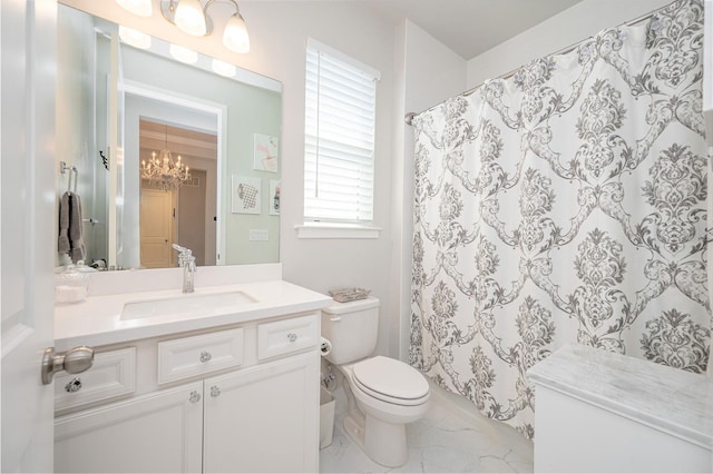 full bathroom with a shower with shower curtain, vanity, a chandelier, toilet, and marble finish floor