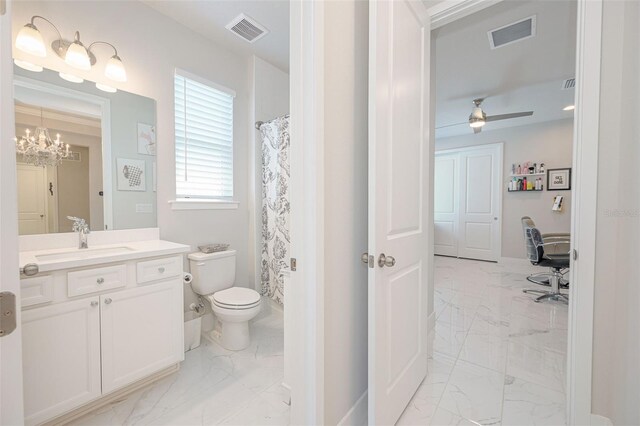 full bathroom with toilet, marble finish floor, and visible vents