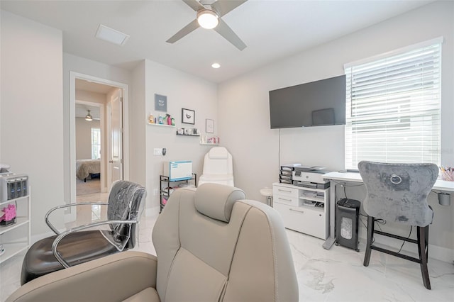 office space with marble finish floor, ceiling fan, and recessed lighting