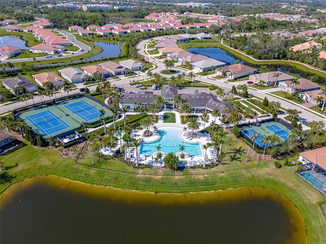 aerial view featuring a water view and a residential view