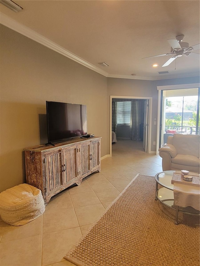 20188 Tesoro Dr, Venice, FL 34293 - living room featuring light tile patterned floors, crown molding, a ceiling fan, and recessed lighting