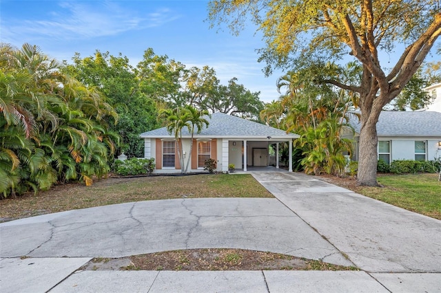 1629 Siesta Dr, Sarasota, FL 34239 - ranch-style house featuring concrete driveway, a shingled roof, an attached carport, and a front lawn