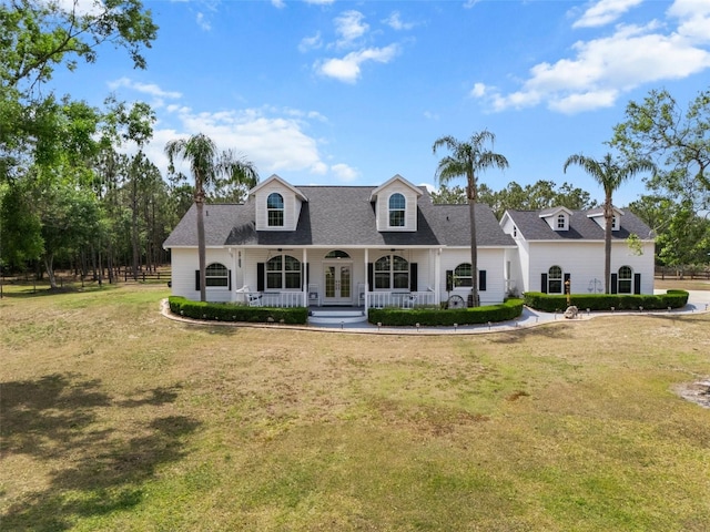 6824 283rd St E, Myakka City, FL 34251 - new england style home with french doors, a front lawn, a porch, and roof with shingles