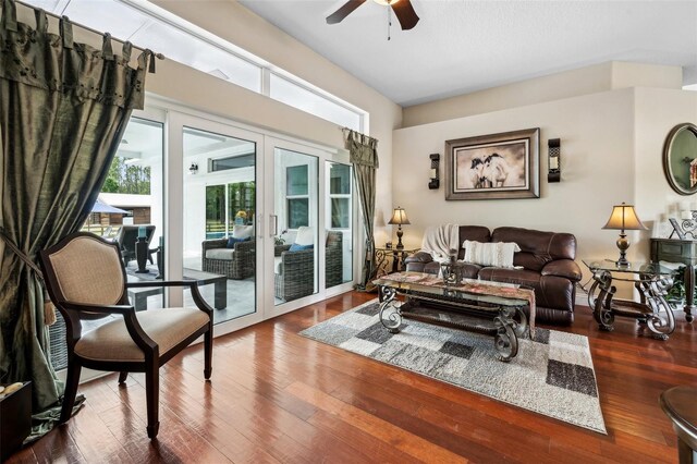 6824 283rd St E, Myakka City, FL 34251 - living room featuring a ceiling fan, wood finished floors, and french doors