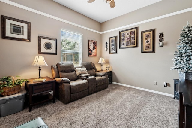 6824 283rd St E, Myakka City, FL 34251 - carpeted living room featuring a ceiling fan and baseboards