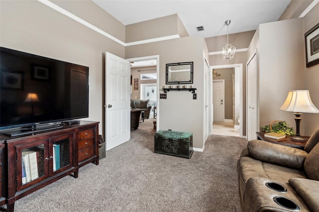 6824 283rd St E, Myakka City, FL 34251 - living area featuring carpet, a chandelier, and baseboards