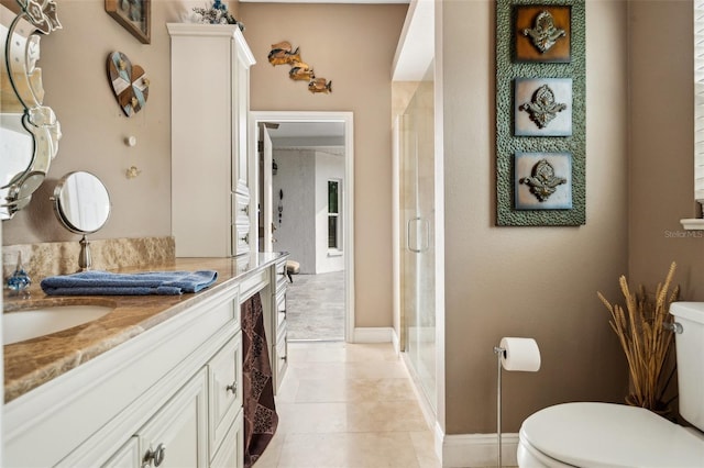 6824 283rd St E, Myakka City, FL 34251 - bathroom featuring toilet, a shower stall, vanity, and baseboards