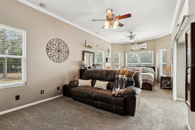 6824 283rd St E, Myakka City, FL 34251 - living room with light carpet, a ceiling fan, healthy amount of natural light, baseboards, and ornamental molding