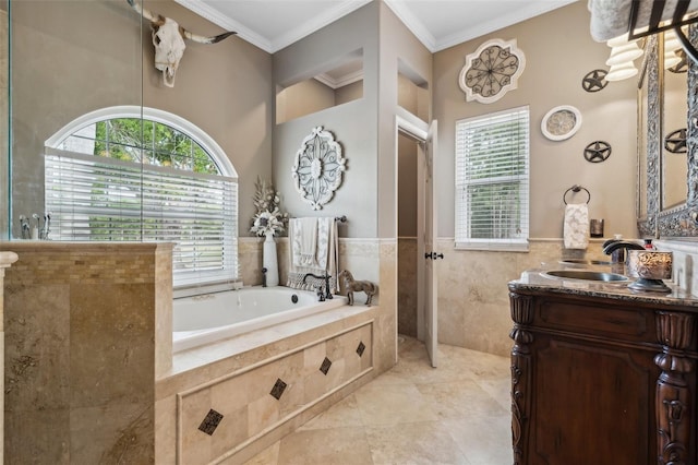 6824 283rd St E, Myakka City, FL 34251 - bathroom with healthy amount of natural light, crown molding, a bath, and vanity