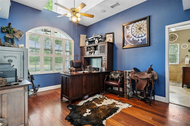 6824 283rd St E, Myakka City, FL 34251 - home office featuring a ceiling fan, hardwood / wood-style floors, baseboards, and vaulted ceiling
