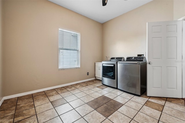 6824 283rd St E, Myakka City, FL 34251 - washroom with cabinet space, washing machine and clothes dryer, ceiling fan, baseboards, and light tile patterned floors