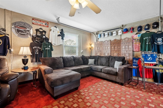 6824 283rd St E, Myakka City, FL 34251 - living area featuring a ceiling fan, carpet, and a textured ceiling