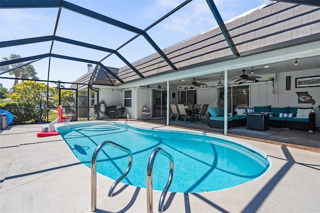 205 Cavallini Dr, Nokomis, FL 34275 - pool featuring glass enclosure, a patio, ceiling fan, and an outdoor living space