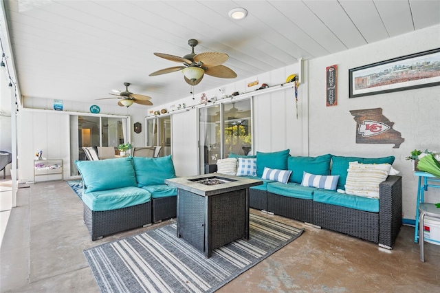 205 Cavallini Dr, Nokomis, FL 34275 - view of patio / terrace featuring a ceiling fan and an outdoor living space with a fire pit