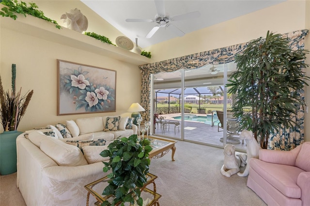 511 Governors Green Dr, Venice, FL 34293 - carpeted living room featuring lofted ceiling, a ceiling fan, and a sunroom